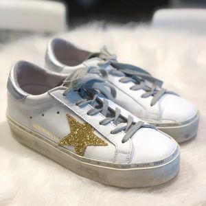 GOLDEN GOOSE WHITE/ GOLD GLITTER HI STAR SNEAKERS
